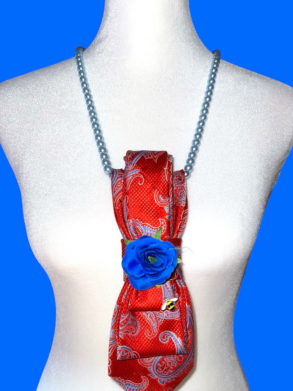 Statement Red Paisley Tie Necklace with Blue Rose Accent.stretchy pearls